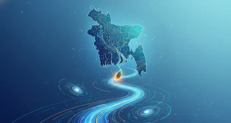 আধুনিক তথ্য ও যোগাযোগ প্রযুক্তির সমন্বয়ে বাংলাদেশের মানচিত্র এবং ডিজিটাল রূপান্তরের একটি চমৎকার প্রতীকী চিত্র।