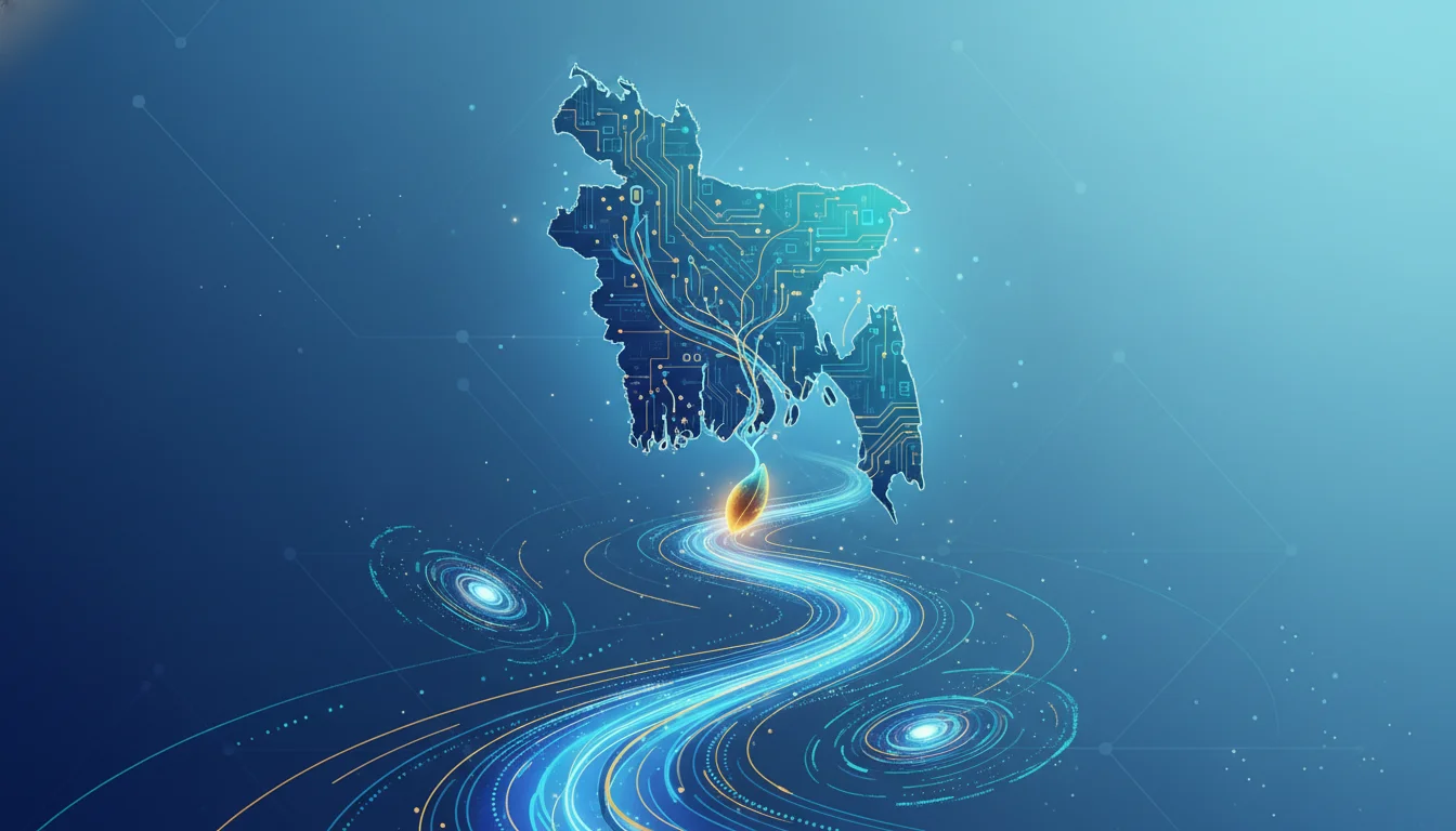 আধুনিক তথ্য ও যোগাযোগ প্রযুক্তির সমন্বয়ে বাংলাদেশের মানচিত্র এবং ডিজিটাল রূপান্তরের একটি চমৎকার প্রতীকী চিত্র।